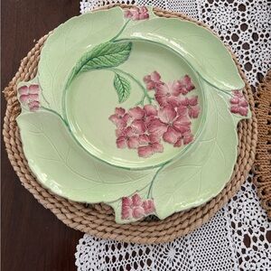 Floral Leaf Ceramic Serving Platter in Soft Green and Pink Vintage (1930)